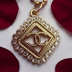 CHANEL Gold-Tone up cycled Crystal Square Pendant Necklace